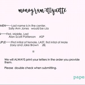 Op de afbeelding: Een lichtroze afbeelding met de woorden "monogram etiquette" in cursief. De tekst legt monogramregels uit voor vrouwen, mannen en koppels, met voorbeelden als "sJa" en "zBj". De tekst vermeldt ook de volgorde waarin de letters worden afgedrukt.