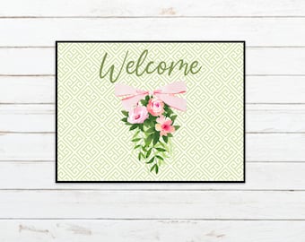 Custom Welcome Mat with Name, Personalized Pink Floral Swag Porch Mat, Realtor Closing Gift for New Home, Monogram Doormat for Entryway