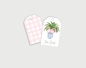 Personalized Botanical Gift Tags, Custom Southern Preppy Present Label, Monogrammed Gingham Gift Wrap Accessory, Palm Plant Favor Tags