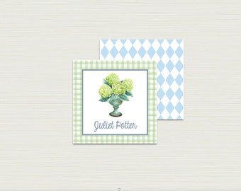 Personalized Enclosure Cards for Gifts, Monogram Hydrangeas in Urn Hang Tags, Custom Floral Sticker for Wedding Favors, Botanical Hang Tags