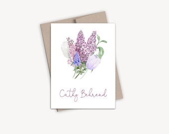 Floral Stationary Set for Women Personalized Thank You Cards Watercolor Lilac Stationery, Customized Thank You Notes Floral Thank You