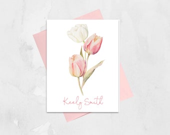 Floral Stationary Set for Women Personalized Thank You Cards Watercolor Tulip Stationery, Customized Thank You Notes Floral Thank You
