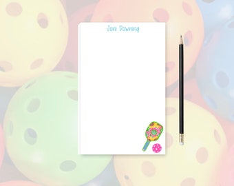 Floral Personalized Pickleball Notepad, Custom Stationery with Colorful Paddles, Feminine Memo Pad for Club Gift and Pickleball Leagues