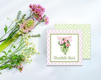 Personalized Pink Floral Enclosure Cards for Gift Giving, Custom Feminine Sticker for Wedding Favors, Botanical Hang Tags with Bow