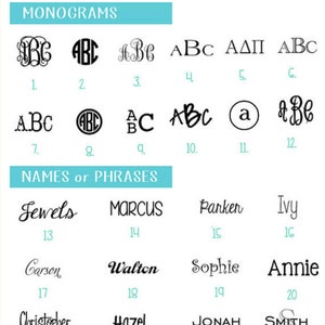 May include: A chart with a blue and white background showing different monogram and name options. The chart is divided into two sections: "Monograms" and "Names or Phrases". Each section has a grid of 12 squares with a number in the bottom right corner of each square. The squares contain different letter combinations and names in a variety of fonts and styles.