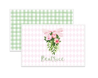 Custom Pink Floral Placemat, Watercolor Table Setting Mat, Monogram Botanical Gingham Laminated Placemat, Personalized Gift for Tablescape