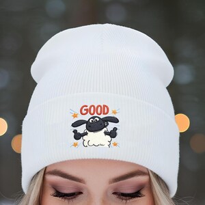 Gebreide beanie met geborduurde schapen, cartoon boerderijdierenhoed, katoen-acrylmix gezellige winterkleding