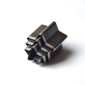 Può includere: Un set di fustelle in metallo a forma di stella. Le fustelle sono impilate, mostrando la forma a stella ritagliata. Il metallo ha una finitura scura e industriale con accenti argentati. Gli strumenti sono probabilmente utilizzati per carta, pelle o altri materiali artigianali.