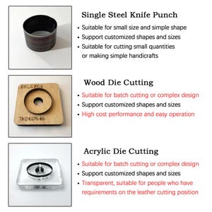 Pu&ograve; includere: Immagine di tre utensili per il taglio: un punzone singolo in acciaio, un fustellatore in legno e un fustellatore in acrilico. Gli utensili sono progettati per diverse applicazioni di taglio, con testo che ne descrive le caratteristiche e gli usi.