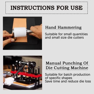 Pu&ograve; includere: Immagine che mostra le istruzioni per l'uso. La sezione superiore illustra la martellatura a mano con un martello bianco sulla pelle. La sezione inferiore mostra una fustellatrice manuale. Testo: Istruzioni per l'uso.