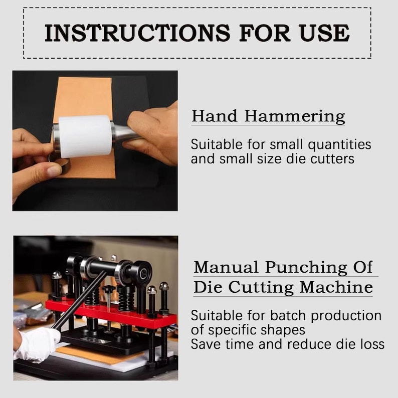 Pu&ograve; includere: Immagine che mostra le istruzioni per l'uso. La sezione superiore illustra la martellatura a mano con un martello bianco sulla pelle. La sezione inferiore mostra una fustellatrice manuale. Testo: Istruzioni per l'uso.
