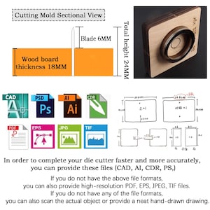 Pu&ograve; includere: Diagramma di una vista sezionale di uno stampo da taglio con misure in millimetri e centimetri. Include icone di file CAD, PSD, AI, CDR, PDF, EPS, JPG e TIF. Testo: "Per completare il tuo fustellatore pi&ugrave; velocemente e con maggiore precisione, puoi fornire questi file."