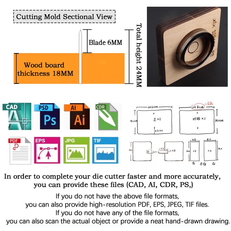 Pu&ograve; includere: Diagramma di una vista sezionale di uno stampo da taglio con misure in millimetri e centimetri. Include icone di file CAD, PSD, AI, CDR, PDF, EPS, JPG e TIF. Testo: "Per completare il tuo fustellatore pi&ugrave; velocemente e con maggiore precisione, puoi fornire questi file."