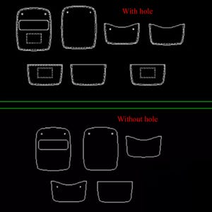 Pu&ograve; includere: Disegni a tratto bianco di varie forme, tra cui rettangoli e forme curve, su sfondo nero. Il testo "With hole" e "Without hole" &egrave; presente, che categorizza le forme. L'immagine sembra essere un diagramma tecnico o uno schema di progettazione.
