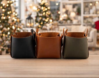 Handmade Leather Storage Basket: Mini Boho 1.8mm Leather Organizer Bin