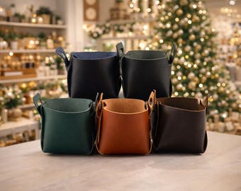 Handmade Leather Storage Basket: Mini Boho 2.6mm Vegetable Tanned Leather Organizer Bin