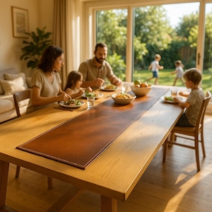 May include: A family dining at a wooden table with a brown leather table runner. The table is set with plates of food, bowls of fruit, and glasses of water. Sunlight streams in from a large window, illuminating the scene.