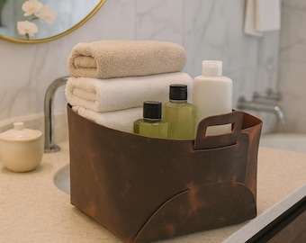 Handmade Distressed Leather Storage Basket, Personalized Large Bathroom Organizer Bin