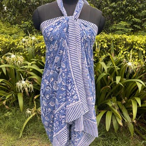 Handmade Block Print Cotton Sarong Blue Floral Beach Wrap Cotton Sarongs Bikini Cover Ups