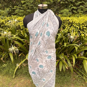 Wooden Handmade Block Printed Cotton Sarong Grey Paisley Beach Wrap, Women For Sarong Bali