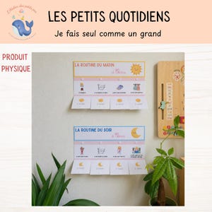 Peut inclure: Deux tableaux muraux rectangulaires intitulés LA ROUTINE DU MATIN et LA ROUTINE DU SOIR, avec des illustrations de tâches quotidiennes et des volets interactifs étiquetés A FAIRE. Ils incluent un soleil, une lune et le prénom d'Elina.