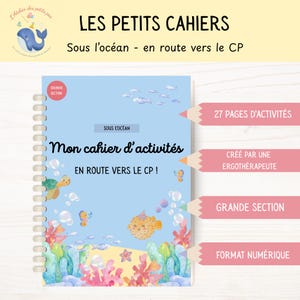 Peut inclure: Un cahier d'activités à spirales bleu clair intitulé Mon cahier d'activités EN ROUTE VERS LE CP! avec des illustrations de tortue, poisson-globe et coraux. Des étiquettes en forme de crayons roses indiquent 27 pages, création par ergothérapeute et format numérique.