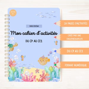 May include: A spiral-bound activity book with a light blue cover featuring an underwater theme. The cover includes illustrations of sea creatures, French text, and the words "24 PAGES D'ACTIVITÉS".