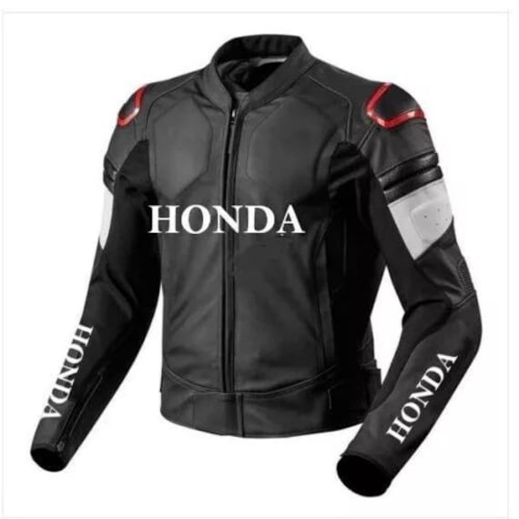 Honda Black Leather Motorcycle Jacket CE Armored Biker Gear
