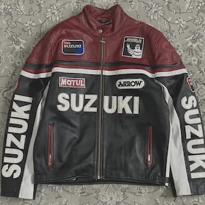 Handmade Suzuki Leather Jacket | Suzuki Racing Moto Jacket | Michelin,  Arrow Patches , Motul  | Men's Retro Cafe Racer Gear