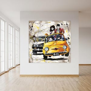 May include: A vibrant artwork featuring a yellow Fiat 500 and a white car, both with cartoon characters. The Fiat has the license plate "R-33". The background has abstract paint splatters and a neutral color palette.