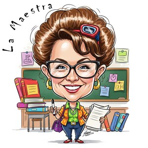 Puede incluir: Ilustración de dibujos animados de una maestra con gafas, sosteniendo papeles y un bolígrafo. La maestra tiene cabello castaño y viste una camisa verde, una chaqueta naranja y jeans azules. Una pizarra y libros están en el fondo. El texto "La Maestra" está arriba.