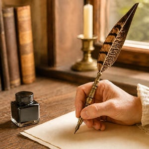 Può includere: Una penna d'oca con una piuma dal motivo marrone e nero e un manico metallico, posizionata sopra un foglio di carta pergamena. Un piccolo calamaio quadrato in vetro con coperchio nero si trova su una superficie in legno, accanto a vecchi libri.