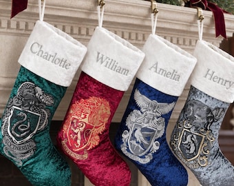 Custom Name Velvet Christmas Stocking, Magical Crest Holiday Stocking, Family Xmas Decor