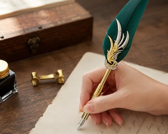 Custom Engraved Calligraphy Quill Pen, Personalized Feather Pen Set for Teacher, Wedding Writer Gift, Halloween