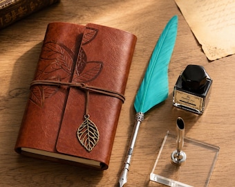 Antique Feather Quill Pen Set with Notebook, Personalized Name Dip Pen, Writer Teacher Gift, Halloween