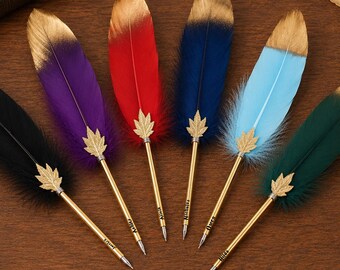 Personalized Feather Ballpoint Pen, Engraved Name Gold Tip Quill Pen, Wedding Signature Pen, Halloween Gift