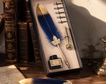 Personalized Feather Quill Pen with Ink & Nibs, Engraved Name Calligraphy Dip Pen Set, Birthday Gift for Writer