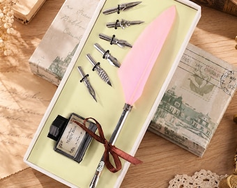 Personalized Name Vintage Feather Dip Pen Set, Calligraphy Pen with Ink & Nibs, Wedding/Writing Gift for Her Him