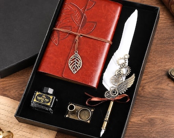 Vintage Feather Quill Set with Notebook, Personalized Name Dip Pen, Calligraphy Kit for Wedding Signing, Writer Gift