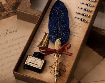 Custom Vintage Quill Pen Set with Name, Engraved Vintage Starry Blue Feather Pen with Ink, Anniversary Birthday Gift for Her Him