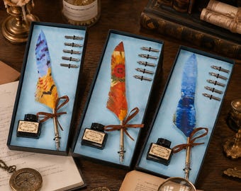 Personalized Quill Pen Set, Van Gogh Art‑Print Feather Pen, Dip Pen with Ink & Nibs, Gift‑Boxed, Halloween Gift
