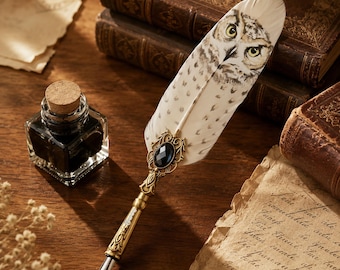 Personalized Name Quill Pen Set, Owl Feather Quill Pen Set with Ink, Wedding/Writing Gift for Her Him, Halloween