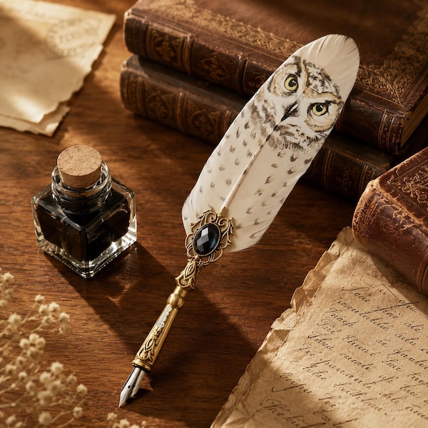 Juego de pluma de ave con nombre personalizado, juego de pluma de ave con pluma de búho y tinta, regalo de boda/escritura para ella o para él, Halloween
