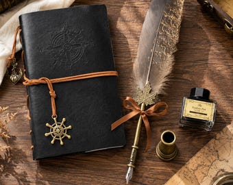 Personalized Vintage Feather Quill Set, Custom Engraved Nautical Journal, Antique Stationery Gift Box, Halloween