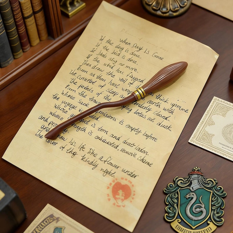 K&ouml;nnte beinhalten: Ein brauner und goldener dekorativer Besen-Requisit, der auf einem Vintage-Papier mit handschriftlichem Text liegt. Das Papier liegt auf einer Holzoberfl&auml;che, mit einem Hogwarts-Wappen und B&uuml;chern im Hintergrund.