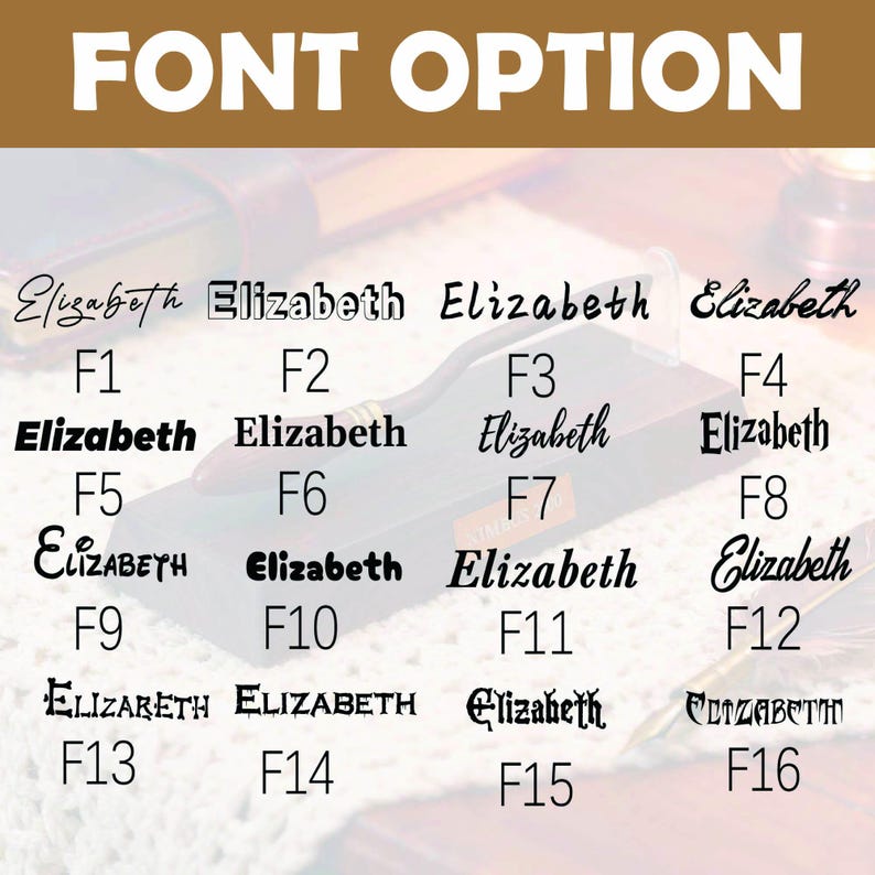 K&ouml;nnte beinhalten: Bild mit "FONT OPTION" oben, mit sechzehn verschiedenen Schriftarten des Namens "Elizabeth", beschriftet mit F1 bis F16. Die Schriftarten variieren im Stil, von eleganter Schreibschrift bis zu fetten Blockbuchstaben.