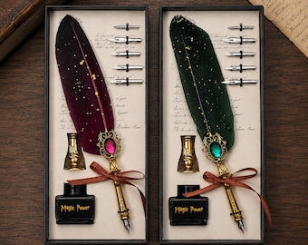 Magic Gemstone Feather Pen with Ink, Custom Vintage Quill Pen Set with Name, Anniversary Birthday Gift for Her Him, Halloween