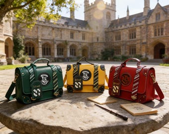 Vier magische Akademie Crossbody Umhängetasche, handgemachte PU-Leder Hexe Tasche, Weihnachtsgeschenk für Harry Fans, Geburtstagsgeschenk