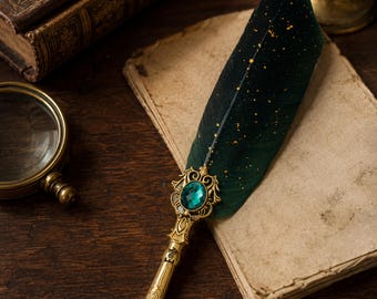Custom Vintage Quill Pen Set with Name, Magic Gemstone Feather Pen with Ink, Anniversary Birthday Gift for Her Him, Halloween