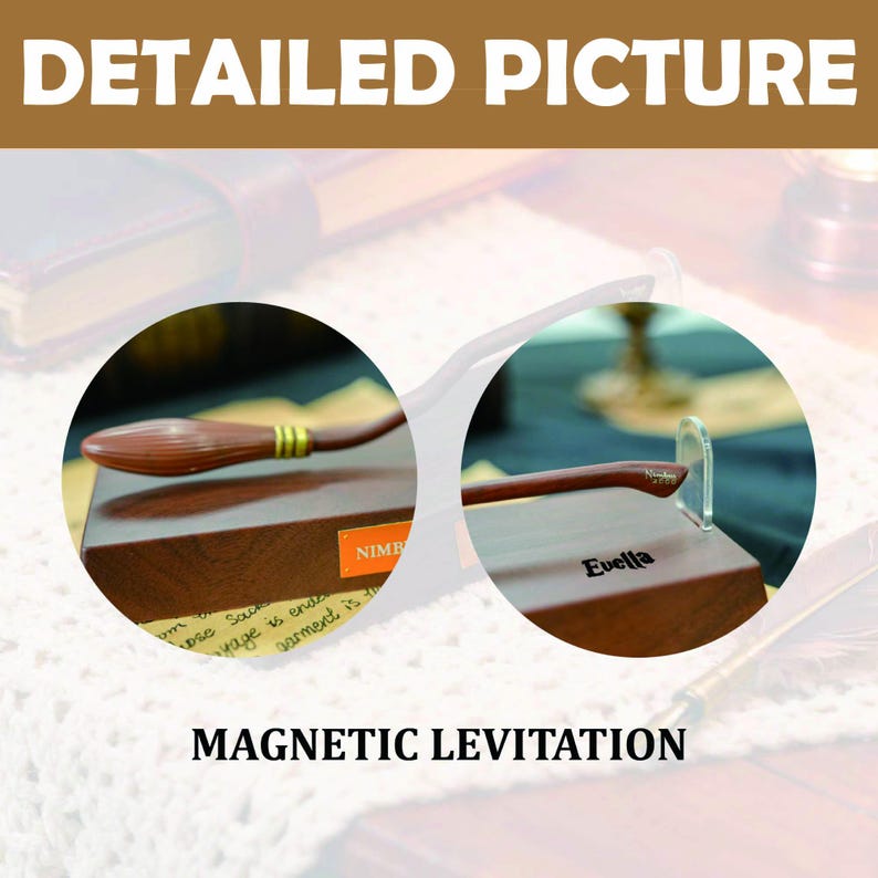 K&ouml;nnte beinhalten: Detaillierte Abbildung eines braunen Zauberstabs und eines Besens, beide mit goldenen Akzenten, auf Holzsockeln pr&auml;sentiert. Der Besen hat das Wort "NIMBUS" auf einem kleinen orangefarbenen Etikett. Der Text "MAGNETIC LEVITATION" ist ebenfalls sichtbar.